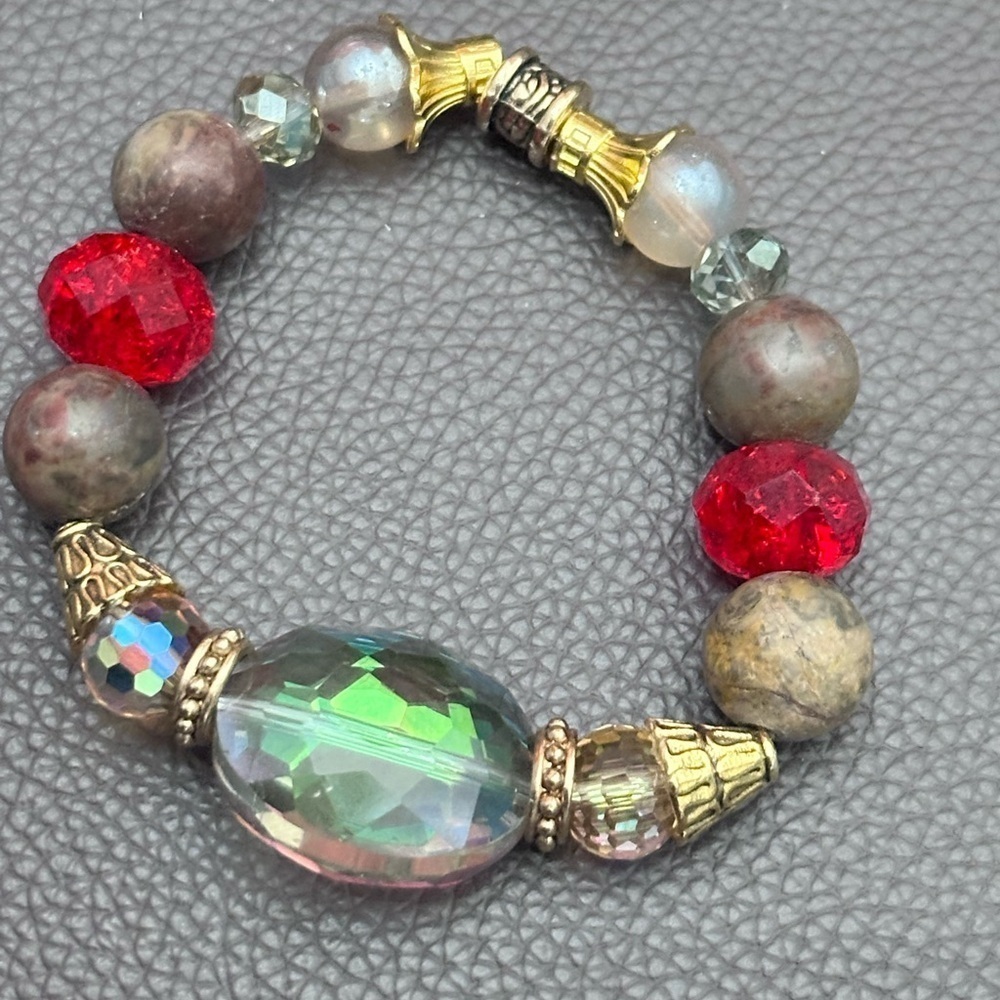 Natural Agate Handmade And Crystal Bracelet Beaded Metal Stretch Artisan 6
